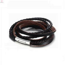 2018 Stainless Steel Magnetic Clasp Leather Bracelet, 5 Layer Cord Wrap Braided Genuine Leather Bracelet